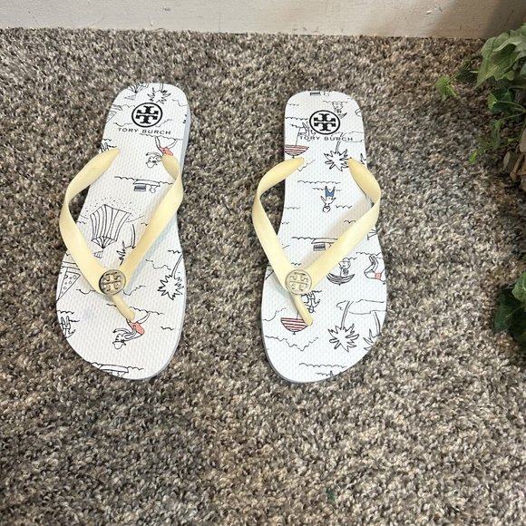 Tory Burch Shoes - Tory Burch White Rubber Flat Flip Flops Sandals Logo Size 9 New
